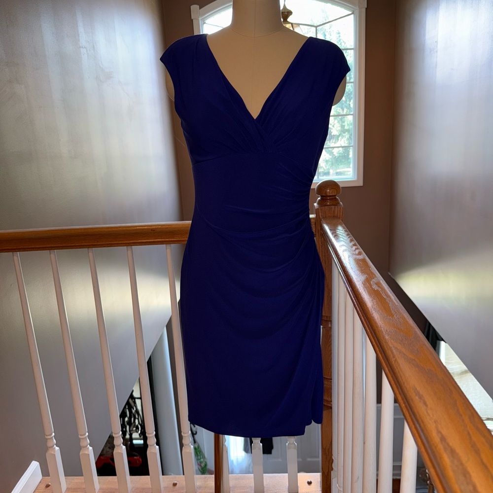Ralph Lauren- Royal Blue Women's Deep V Sheath Dress w/ Rouching Bodice- Size 10
